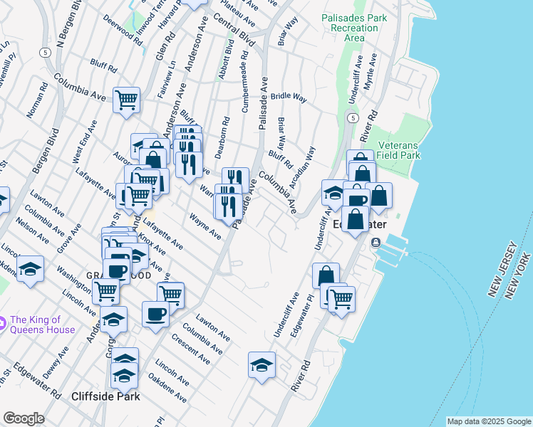 map of restaurants, bars, coffee shops, grocery stores, and more near 101 Victoria Place West in Fort Lee