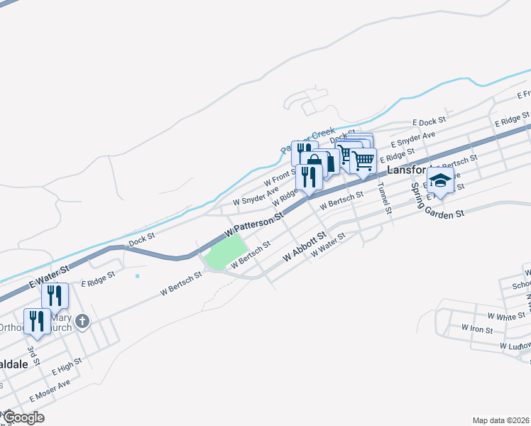 map of restaurants, bars, coffee shops, grocery stores, and more near 304 West Ridge Street in Lansford