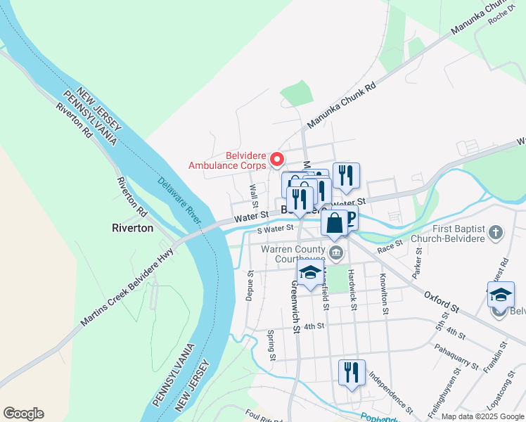 map of restaurants, bars, coffee shops, grocery stores, and more near 207 Water Street in Belvidere