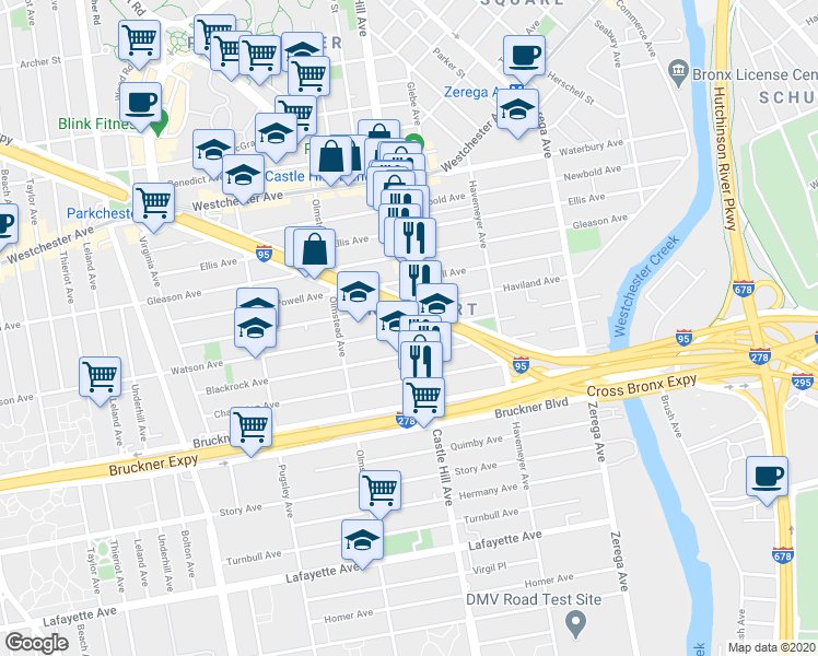 map of restaurants, bars, coffee shops, grocery stores, and more near in The Bronx