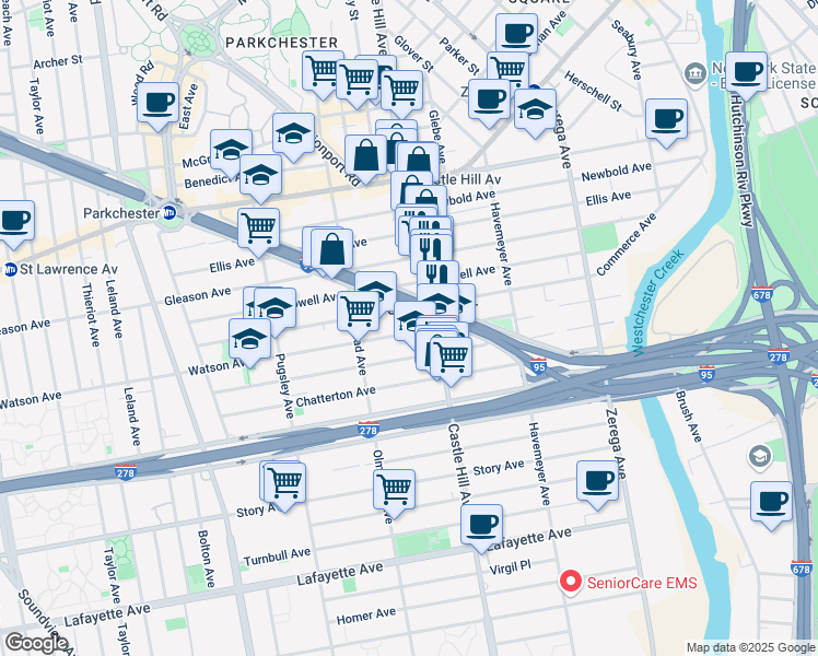 map of restaurants, bars, coffee shops, grocery stores, and more near in The Bronx