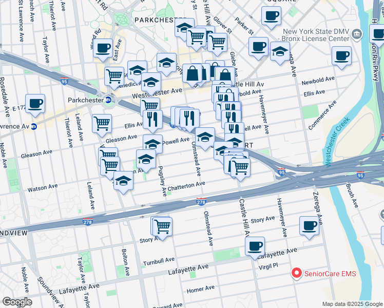 map of restaurants, bars, coffee shops, grocery stores, and more near 1117 Olmstead Avenue in The Bronx