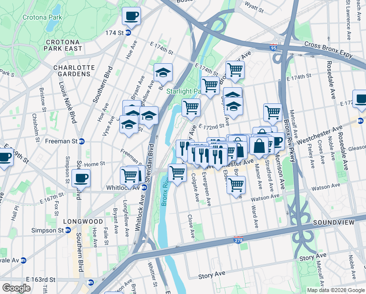 map of restaurants, bars, coffee shops, grocery stores, and more near 1253 Bronx River Avenue in Bronx