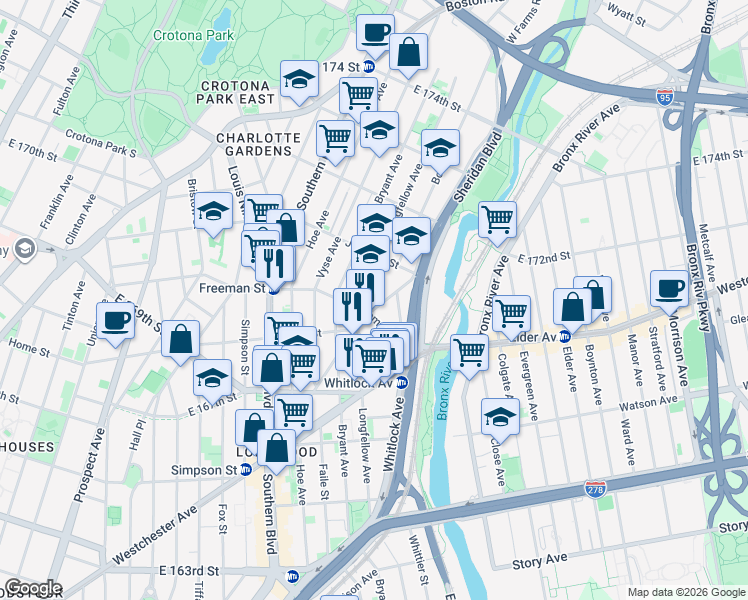 map of restaurants, bars, coffee shops, grocery stores, and more near 1315 West Farms Road in Bronx