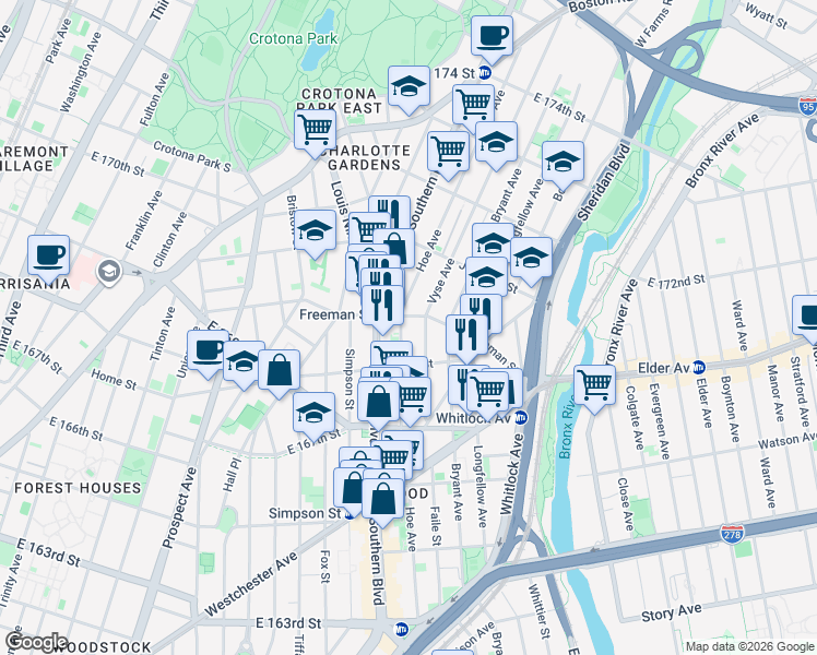 map of restaurants, bars, coffee shops, grocery stores, and more near 1235 Vyse Avenue in Bronx