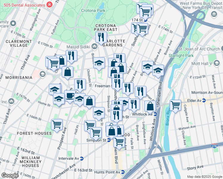 map of restaurants, bars, coffee shops, grocery stores, and more near 1253 Simpson Street in Bronx