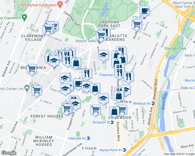 map of restaurants, bars, coffee shops, grocery stores, and more near 1289 Chisholm Street in Bronx