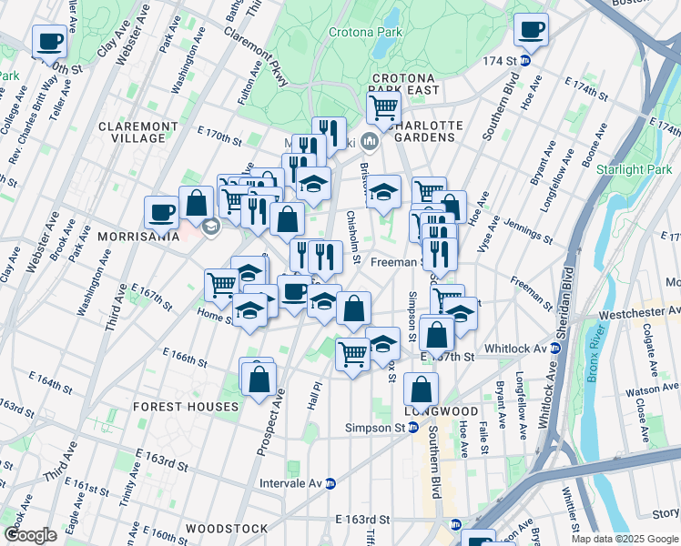map of restaurants, bars, coffee shops, grocery stores, and more near 1289 Chisholm Street in Bronx