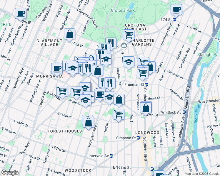 map of restaurants, bars, coffee shops, grocery stores, and more near 1347 Prospect Avenue in Bronx