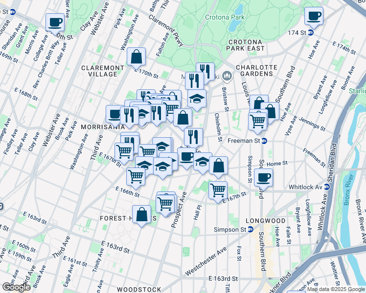 map of restaurants, bars, coffee shops, grocery stores, and more near 786 East 169th Street in Bronx