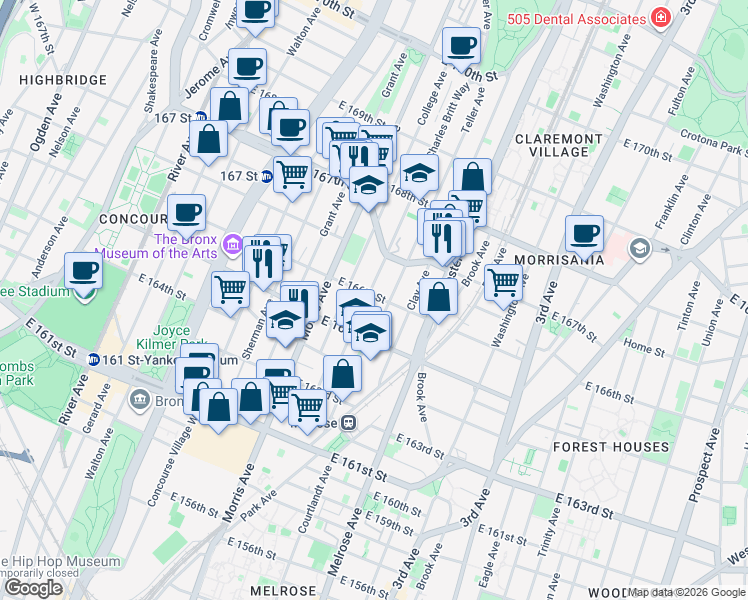 map of restaurants, bars, coffee shops, grocery stores, and more near 319 East 166th Street in Bronx