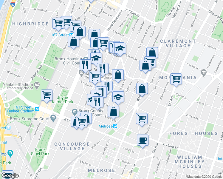 map of restaurants, bars, coffee shops, grocery stores, and more near 1040 Morris Avenue in The Bronx