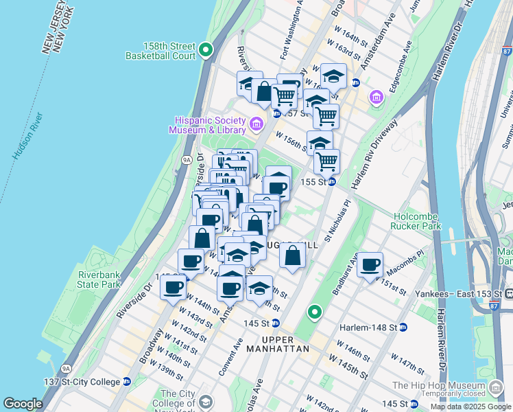 map of restaurants, bars, coffee shops, grocery stores, and more near 520 West 152nd Street in New York