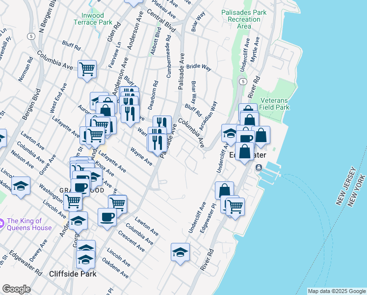map of restaurants, bars, coffee shops, grocery stores, and more near 101 Victoria Place West in Fort Lee