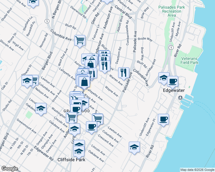 map of restaurants, bars, coffee shops, grocery stores, and more near 259 Railroad Avenue in Cliffside Park
