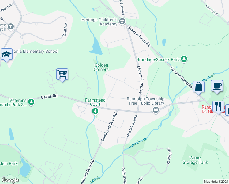 map of restaurants, bars, coffee shops, grocery stores, and more near 9 India Brook Lane in Randolph