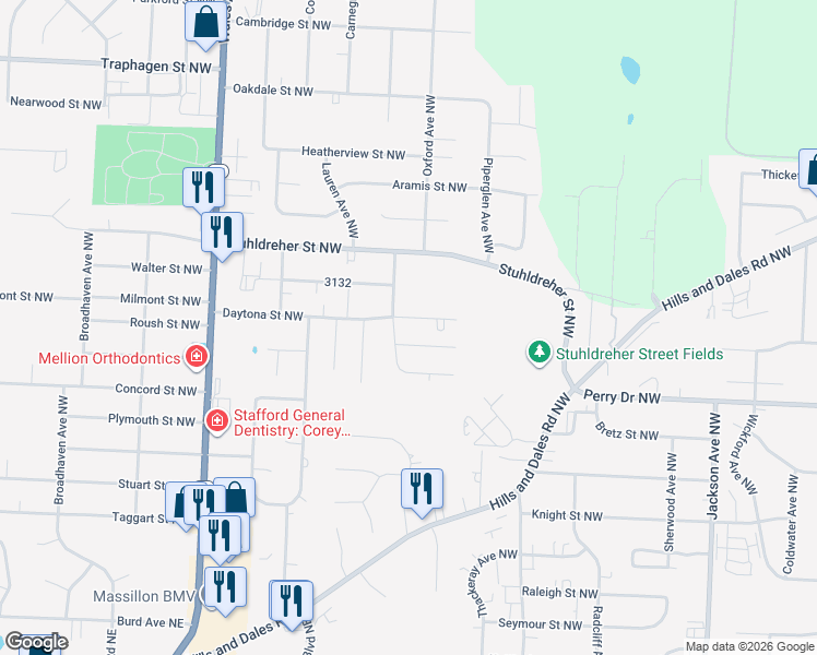 map of restaurants, bars, coffee shops, grocery stores, and more near 7688 Daytona Street Northwest in Massillon