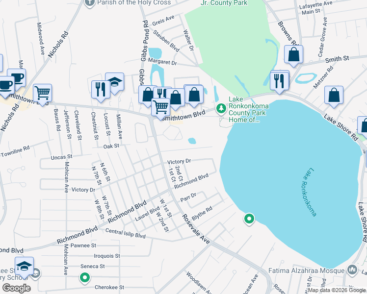 map of restaurants, bars, coffee shops, grocery stores, and more near 27 Park Circle in Nesconset