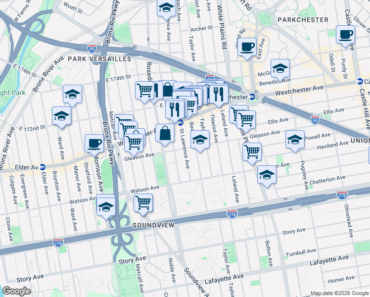 map of restaurants, bars, coffee shops, grocery stores, and more near Gleason Avenue & Saint Lawrence Avenue in Bronx