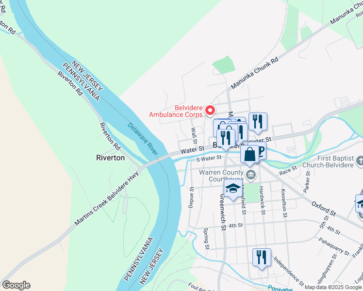 map of restaurants, bars, coffee shops, grocery stores, and more near 19 Water Street in Belvidere