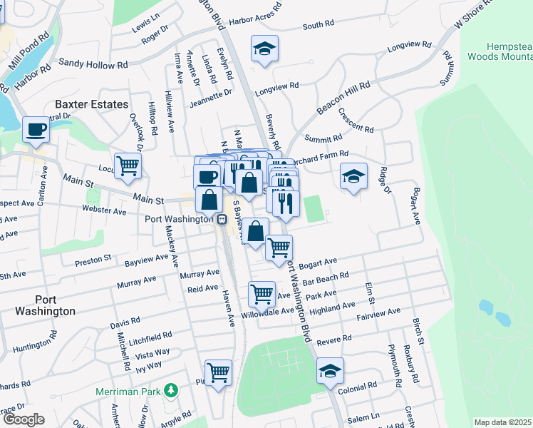map of restaurants, bars, coffee shops, grocery stores, and more near 6 Maple Street in Port Washington