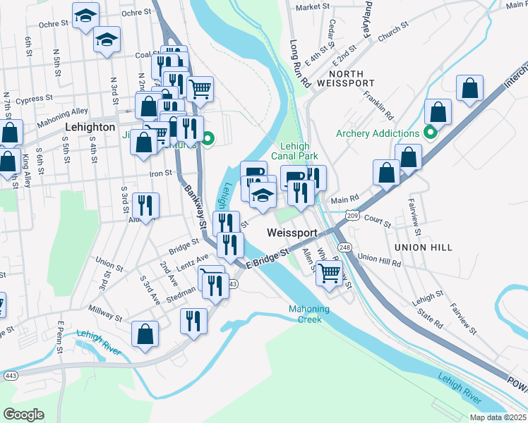 map of restaurants, bars, coffee shops, grocery stores, and more near 410 Bridge Street in Weissport