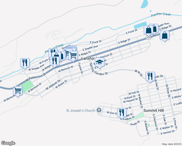 map of restaurants, bars, coffee shops, grocery stores, and more near 41 East Water Street in Lansford