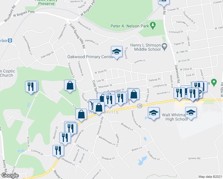 map of restaurants, bars, coffee shops, grocery stores, and more near 42 Sheridan Street in Huntington