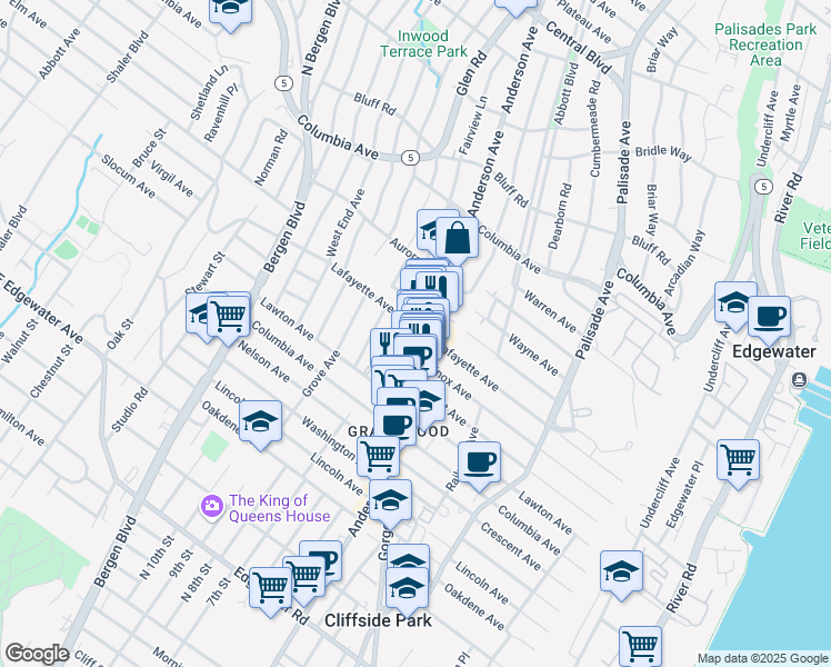map of restaurants, bars, coffee shops, grocery stores, and more near 715 Anderson Avenue in Cliffside Park