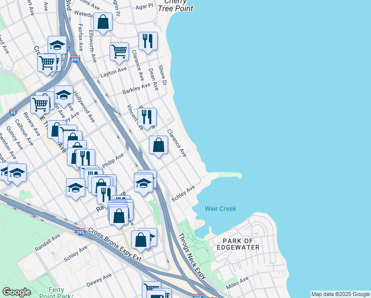map of restaurants, bars, coffee shops, grocery stores, and more near 3255 Randall Avenue in The Bronx