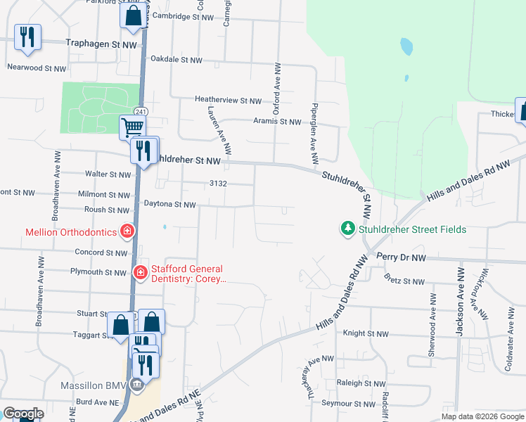 map of restaurants, bars, coffee shops, grocery stores, and more near 7688 Daytona Street Northwest in Massillon