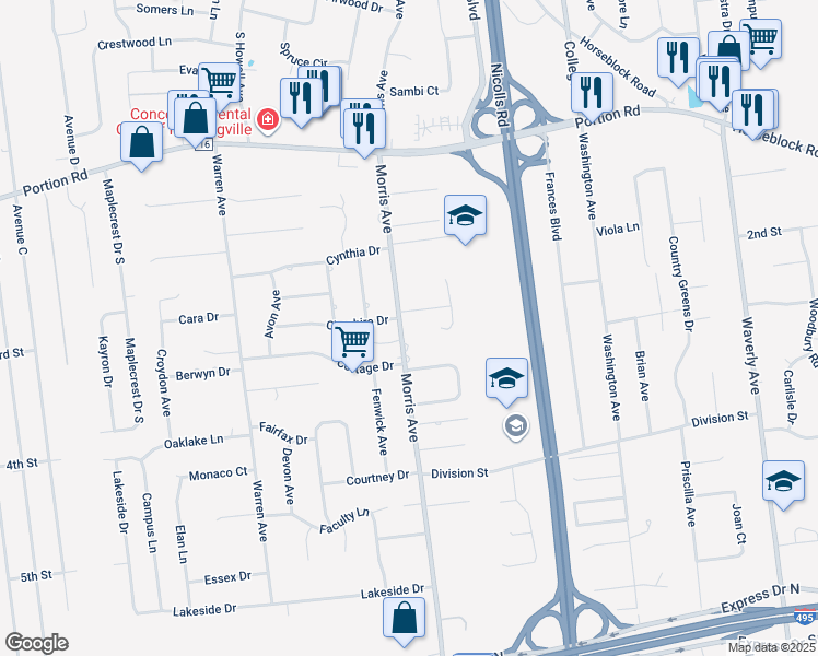 map of restaurants, bars, coffee shops, grocery stores, and more near 59 Morris Avenue in Holtsville