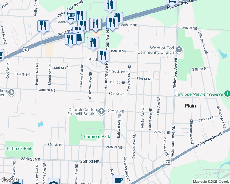 map of restaurants, bars, coffee shops, grocery stores, and more near 3427 30th Street Northeast in Canton