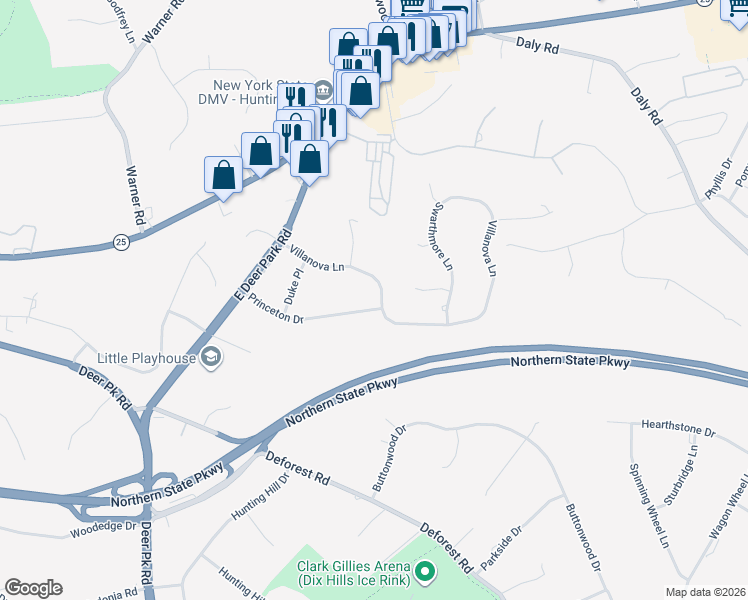 map of restaurants, bars, coffee shops, grocery stores, and more near 25 Princeton Drive in Dix Hills