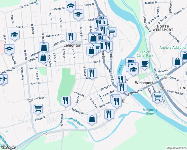 map of restaurants, bars, coffee shops, grocery stores, and more near 268 South 2nd Street in Lehighton