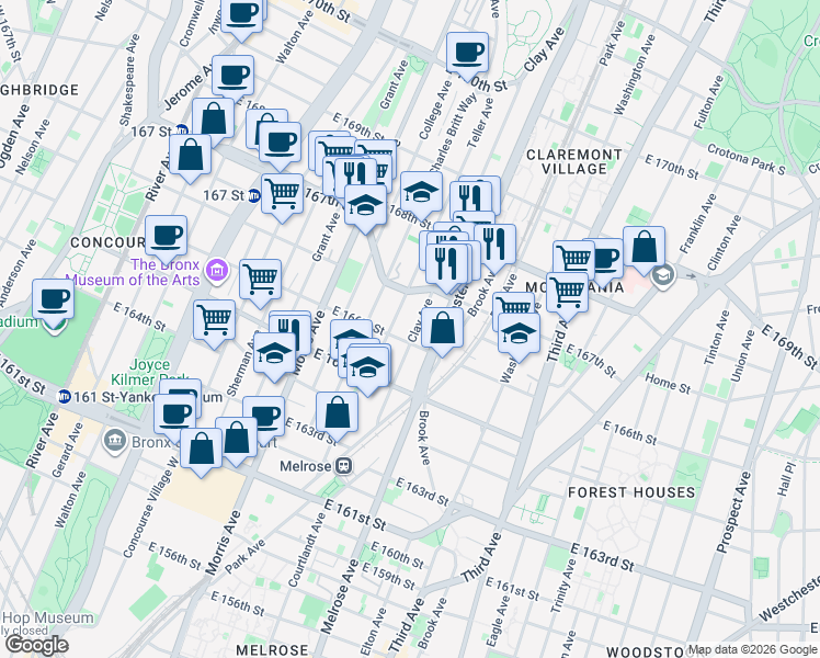 map of restaurants, bars, coffee shops, grocery stores, and more near 1109 Clay Avenue in Bronx