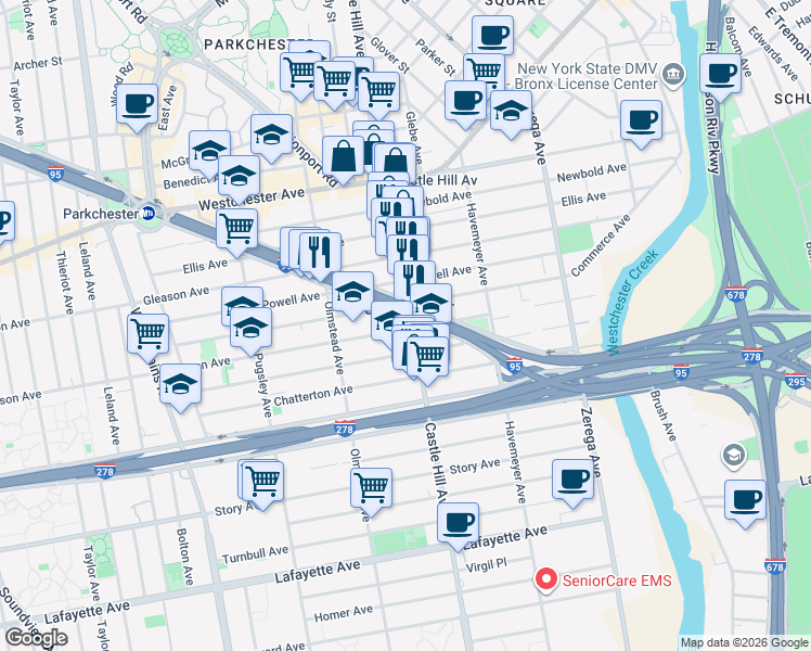 map of restaurants, bars, coffee shops, grocery stores, and more near in The Bronx