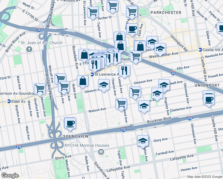 map of restaurants, bars, coffee shops, grocery stores, and more near 1830 Gleason Avenue in Bronx