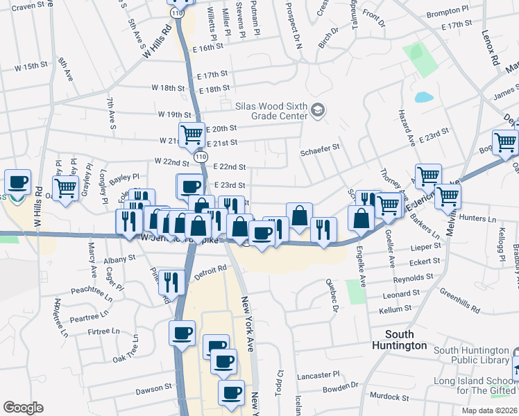 map of restaurants, bars, coffee shops, grocery stores, and more near 44 East 24th Street in Huntington Station