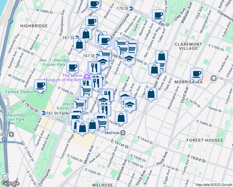 map of restaurants, bars, coffee shops, grocery stores, and more near 1040 Morris Avenue in The Bronx