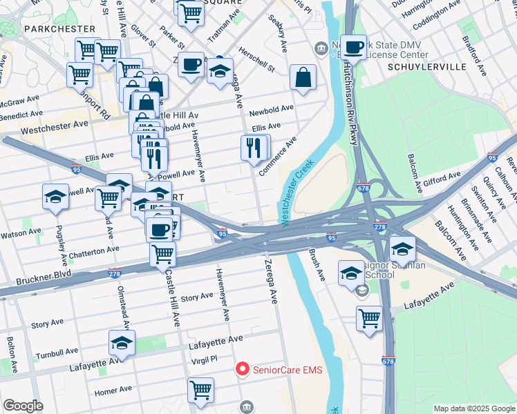 map of restaurants, bars, coffee shops, grocery stores, and more near Blackrock Avenue in Bronx