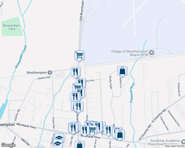 map of restaurants, bars, coffee shops, grocery stores, and more near 100 Rogers Avenue in Westhampton Beach