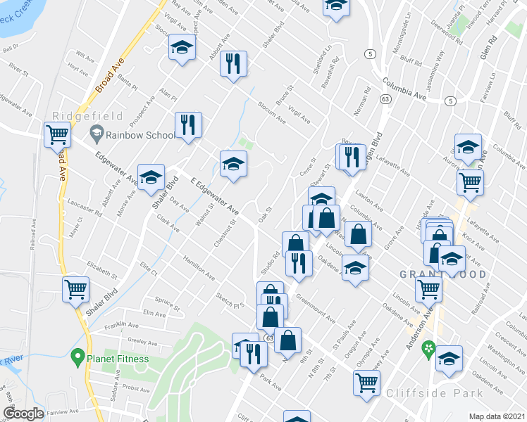 map of restaurants, bars, coffee shops, grocery stores, and more near 649 Oakdene Avenue in Ridgefield