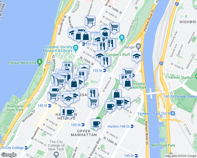 map of restaurants, bars, coffee shops, grocery stores, and more near 445 West 153 Street in New York