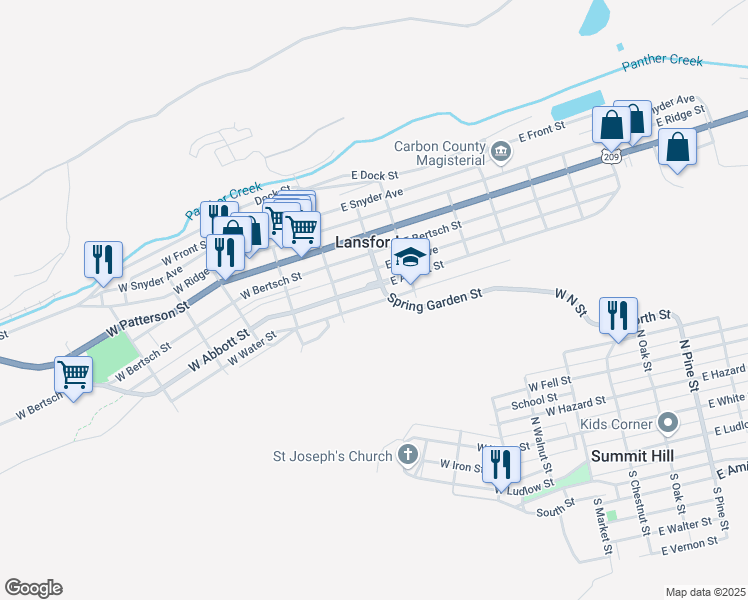 map of restaurants, bars, coffee shops, grocery stores, and more near 41 East Water Street in Lansford