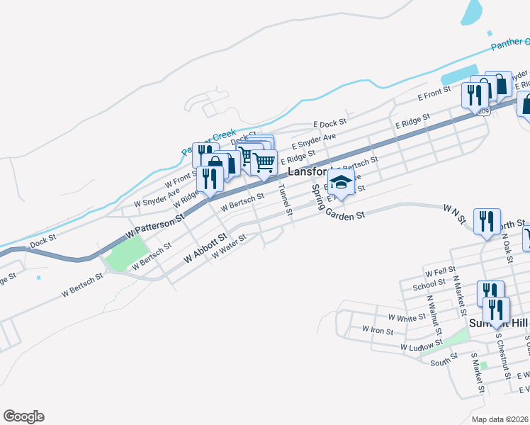 map of restaurants, bars, coffee shops, grocery stores, and more near 22 West Kline Avenue in Lansford