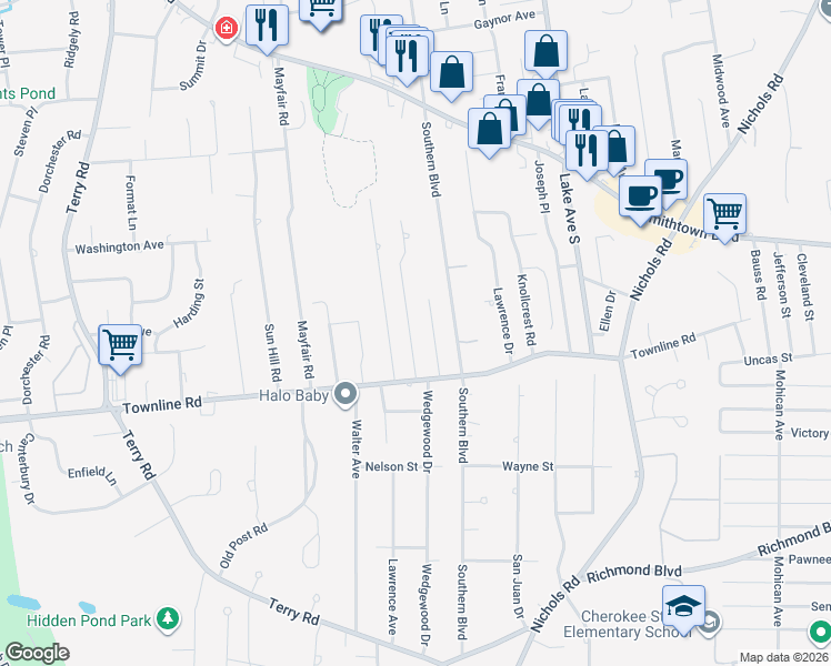 map of restaurants, bars, coffee shops, grocery stores, and more near 16 Locust Drive in Nesconset