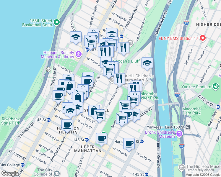 map of restaurants, bars, coffee shops, grocery stores, and more near 880 Saint Nicholas Avenue in New York