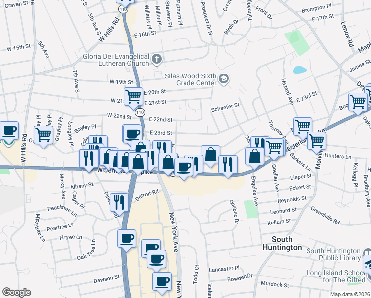 map of restaurants, bars, coffee shops, grocery stores, and more near 44 East 24th Street in Huntington Station