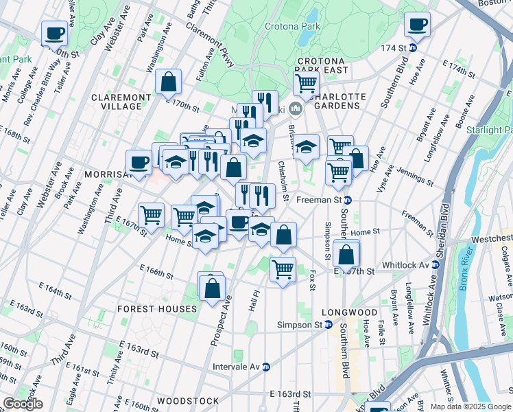 map of restaurants, bars, coffee shops, grocery stores, and more near 1347 Prospect Avenue in Bronx